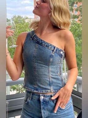 ZARA blogger favourite denim jean one shoulder asymmetrical top Y2K size large